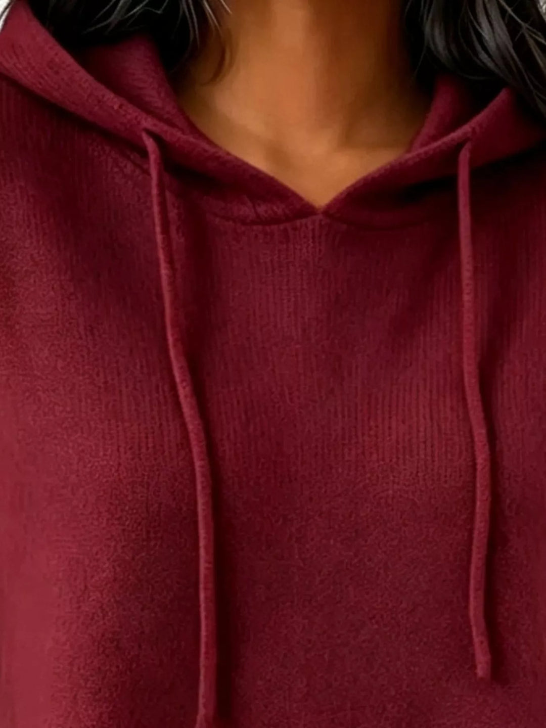 Drawstring hooded knit pullover sweater with ribbed trim