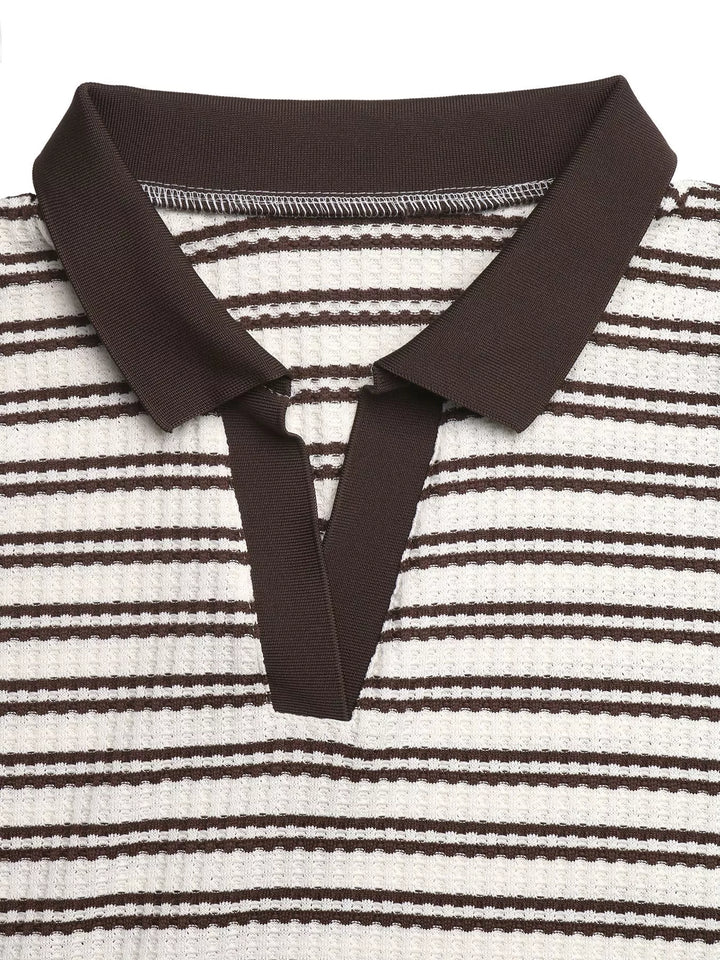 Striped textured knit top with contrast polo collar