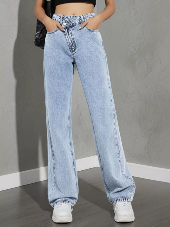 Asymmetric crossover high-rise wide leg jeans