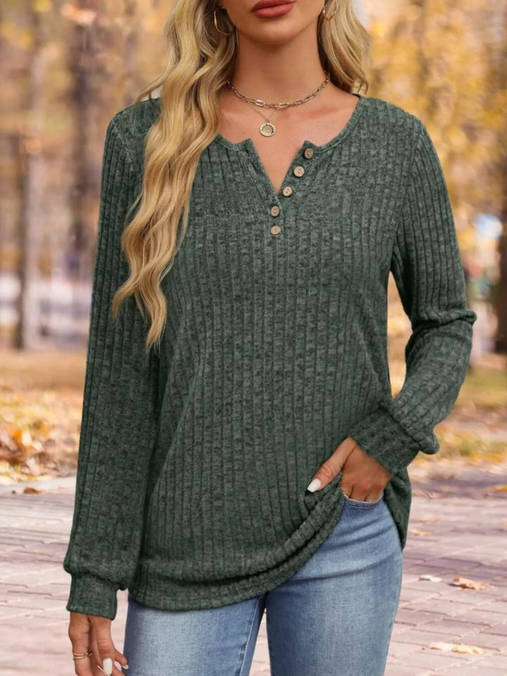 Green Ribbed knit button henley long sleeve top