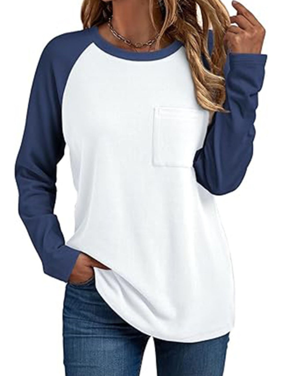 Dark Blue Colorblock raglan long sleeve tee with chest pocket