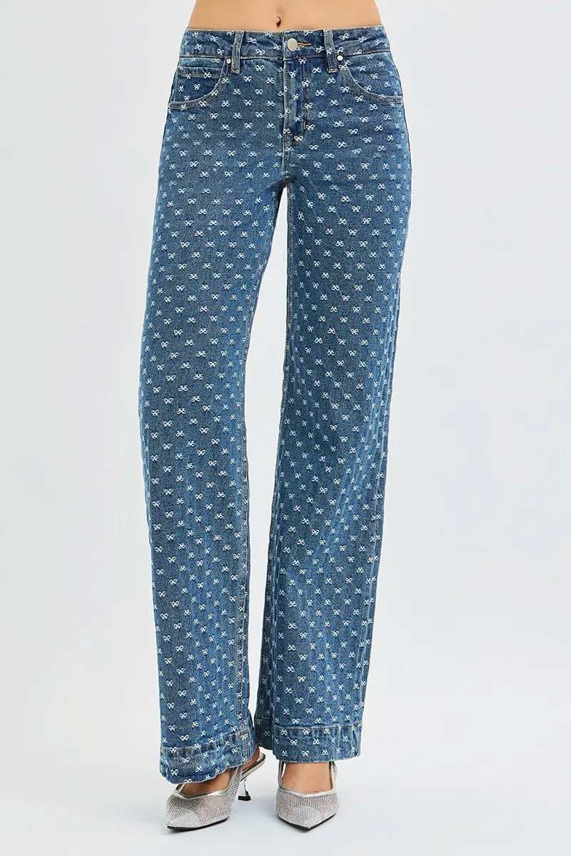 Bow-embroidered high-rise wide leg jeans