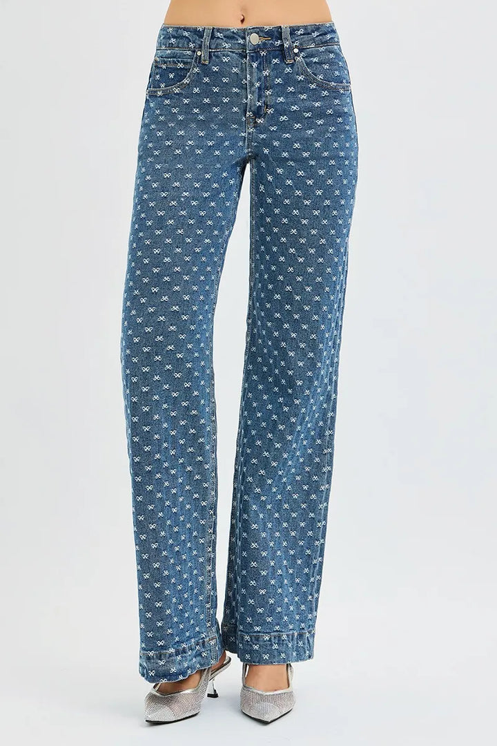 Bow-embroidered high-rise wide leg jeans