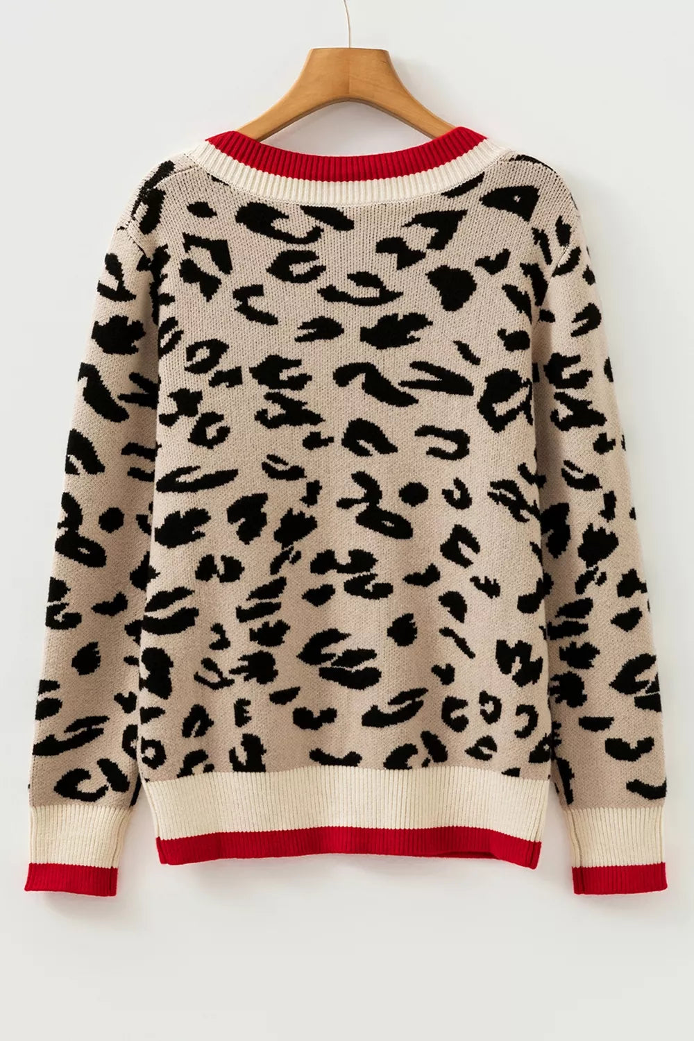 Leopard print v-neck sweater with contrast varsity rib trim