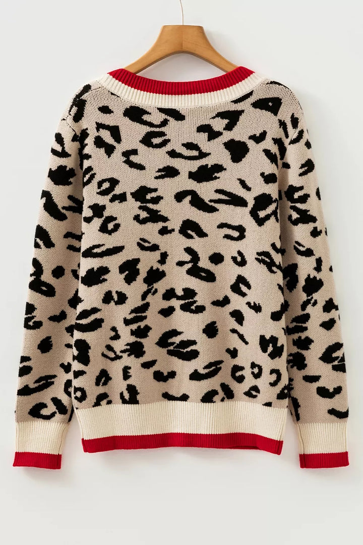 Leopard print v-neck sweater with contrast varsity rib trim