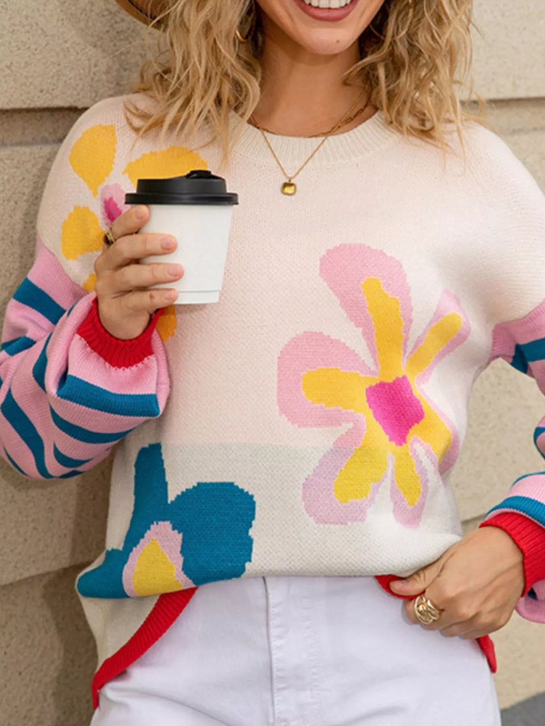 Mod floral crew neck sweater with striped sleeves