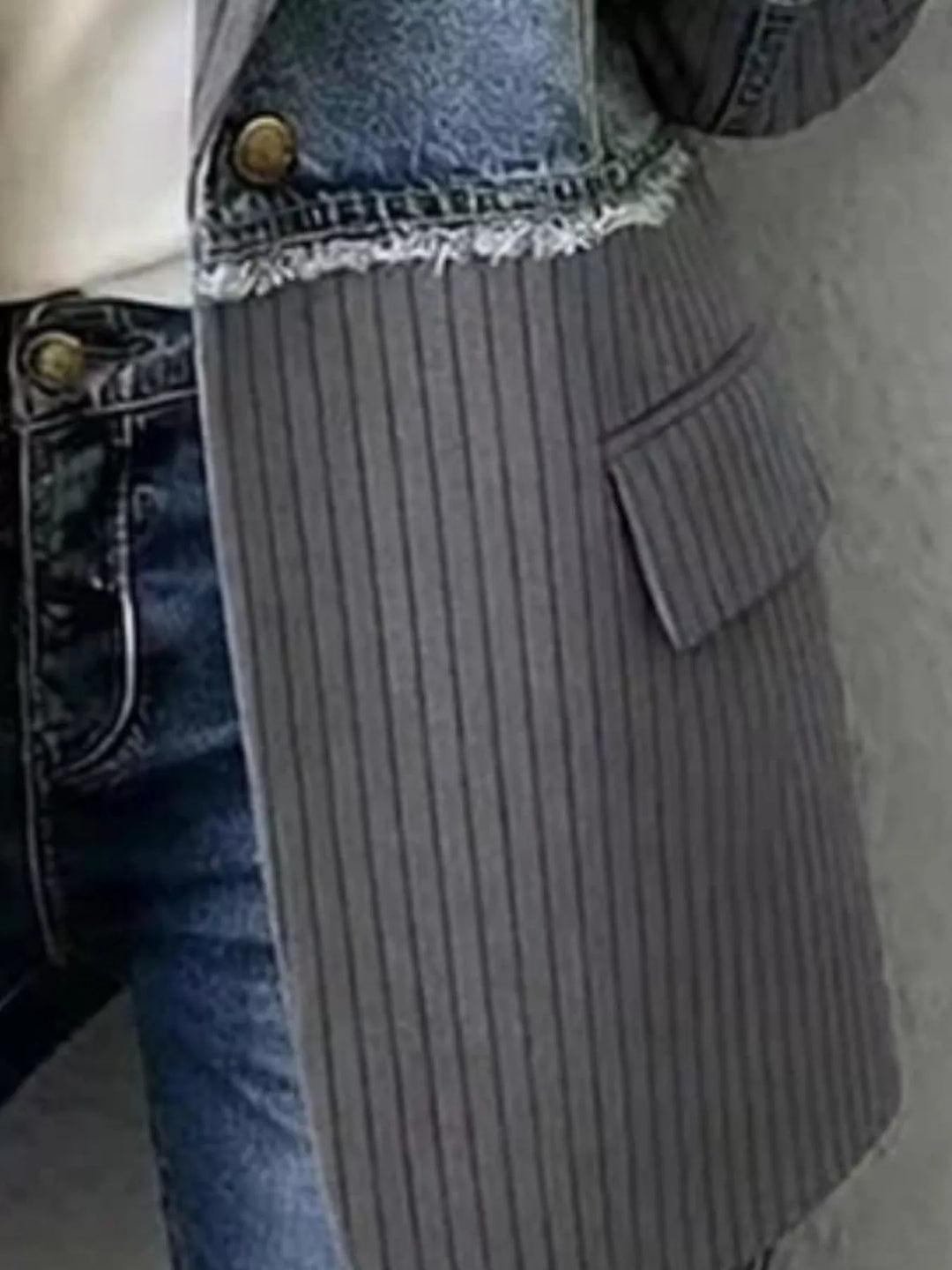 Denim patchwork ribbed blazer with raw hem and notch lapels