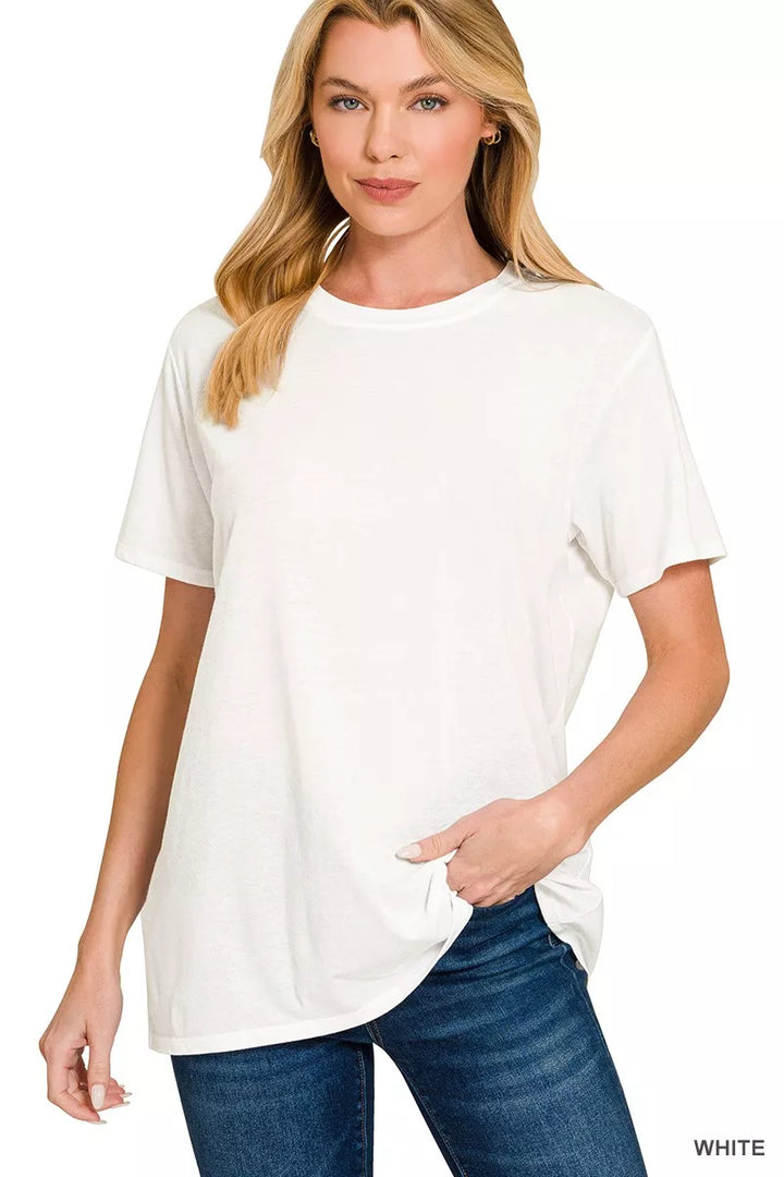 WHITE Cotton boyfriend tee with round neck and curved hem