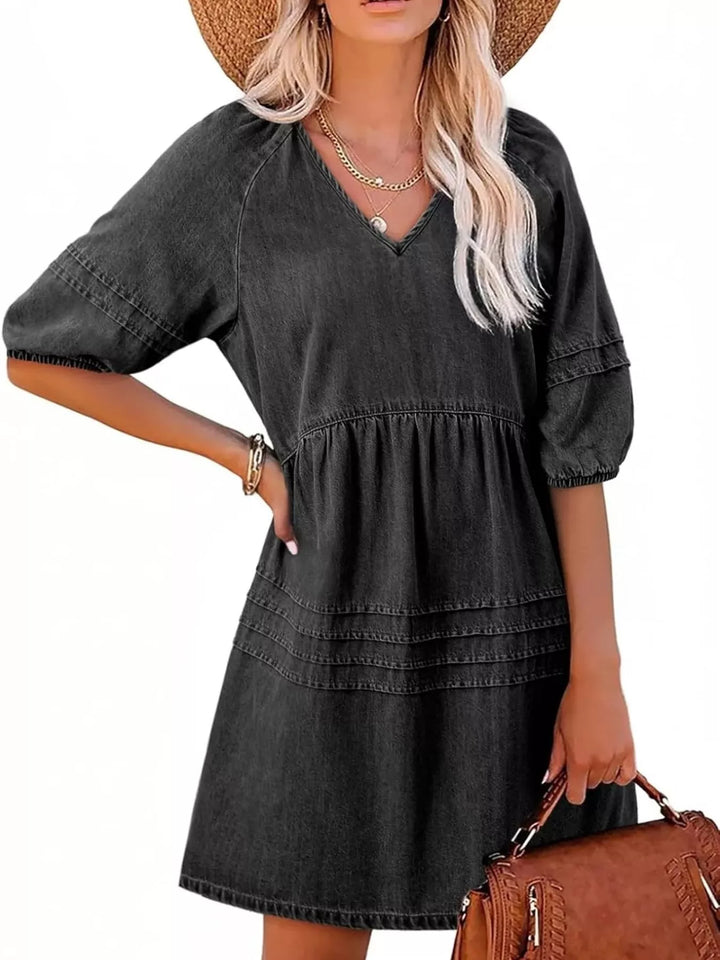 Black V-neck puff sleeve denim mini dress with pintuck pleating