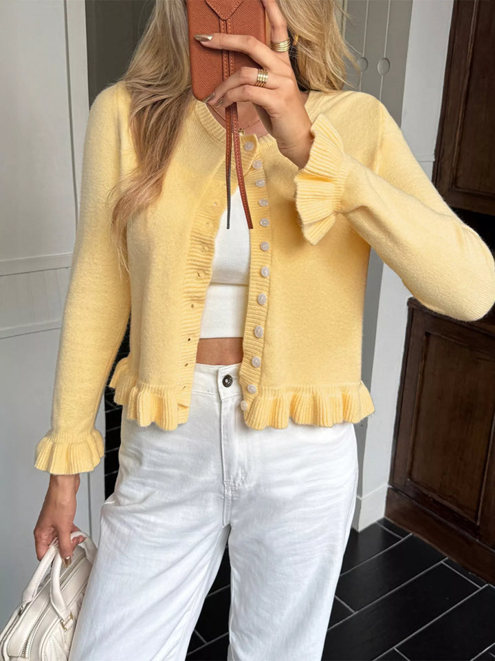 Pastel Yellow Ruffled trim button-up knit cardigan with crew neck