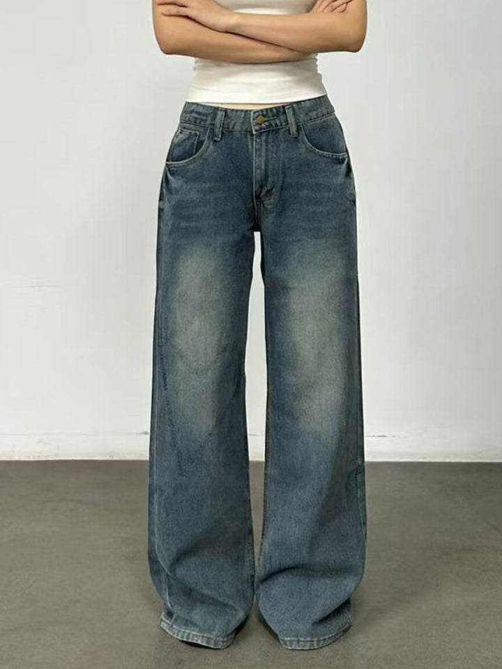 Vintage wash wide leg jeans with whiskered fading