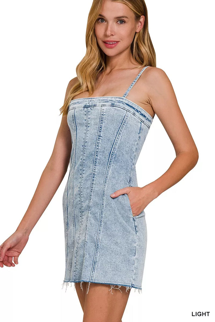 Exposed seam spaghetti strap denim mini dress with raw hem