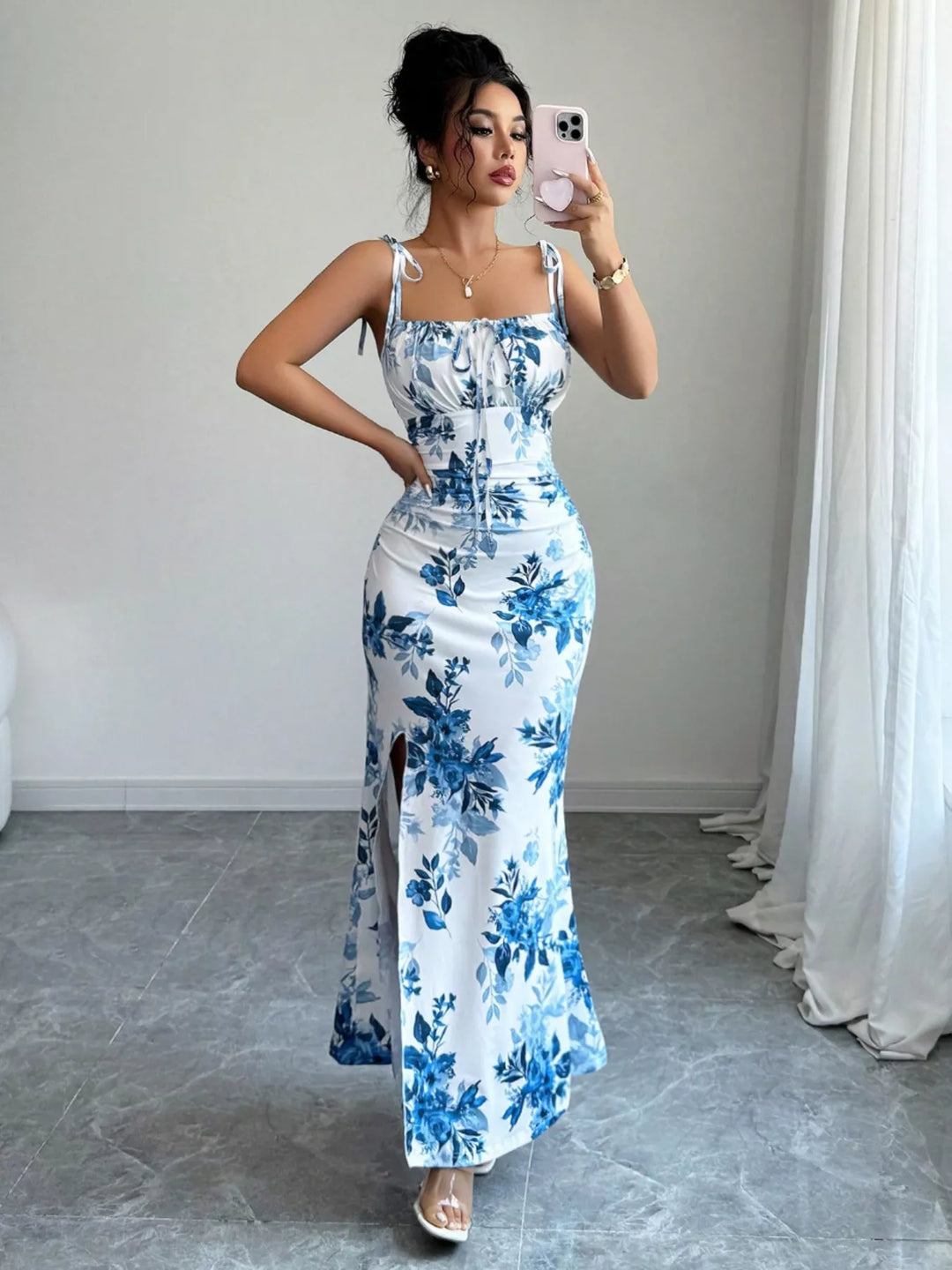 Floral print tie-strap maxi dress with side slit
