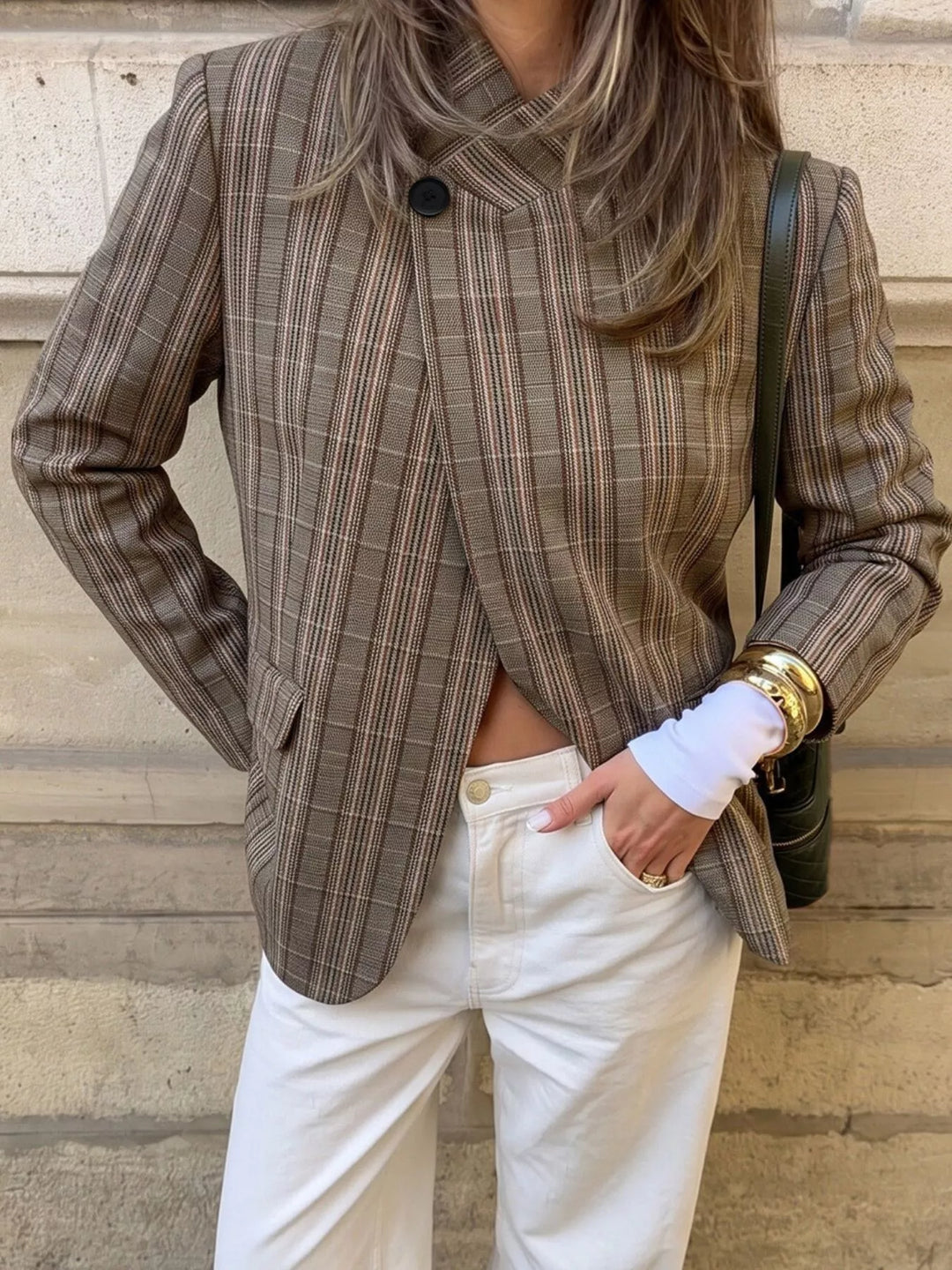 Plaid asymmetric single-button blazer with stand collar