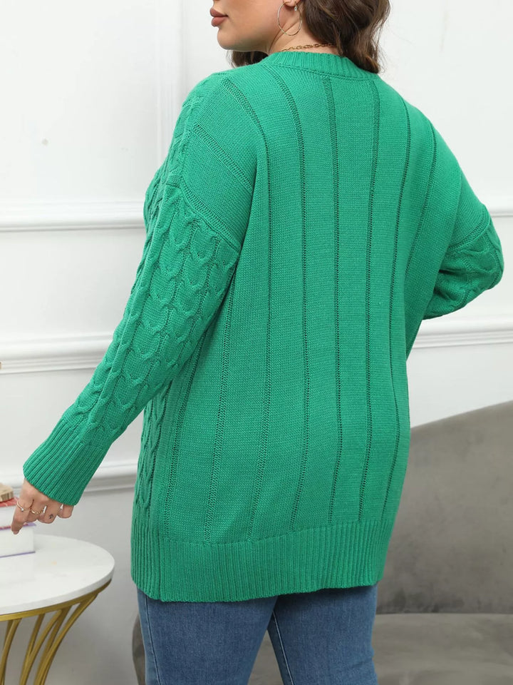 Green Cable knit dropped shoulder sweater with floral buttons