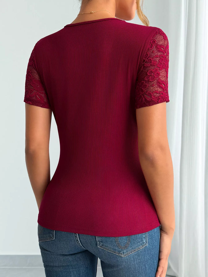 Lace trim V-neck ribbed fitted top with short sleeves