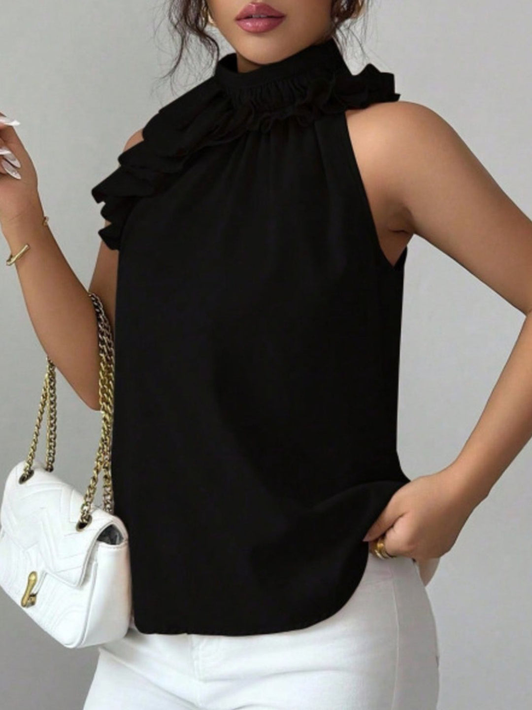 Flowy ruffle-trim high-neck sleeveless blouse