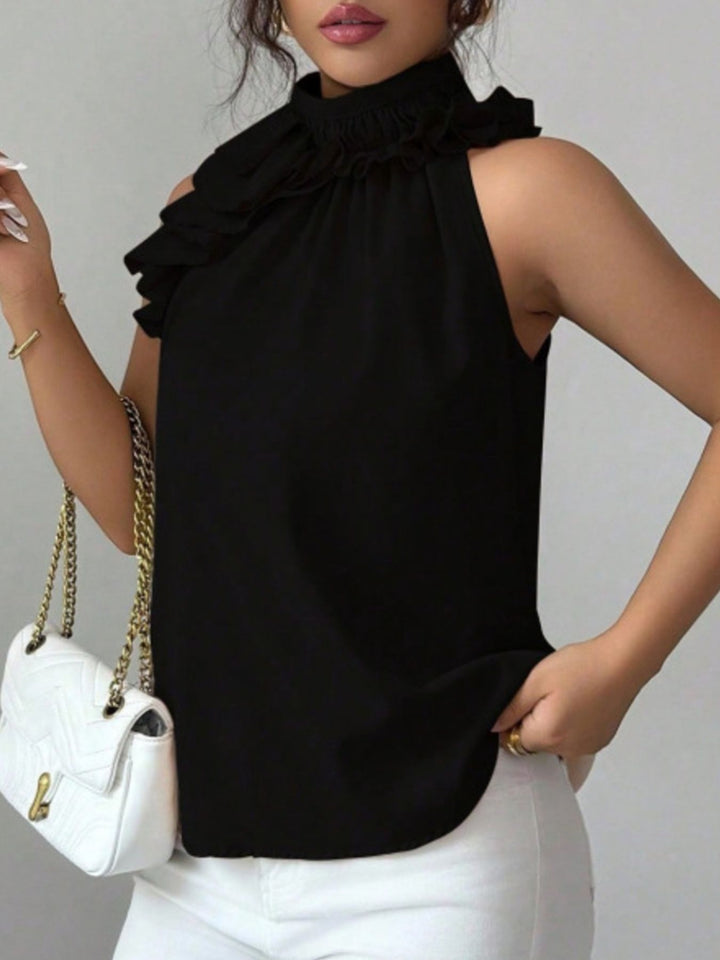 Flowy ruffle-trim high-neck sleeveless blouse