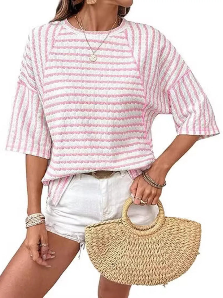 Striped ribbed knit short sleeve crew neck top