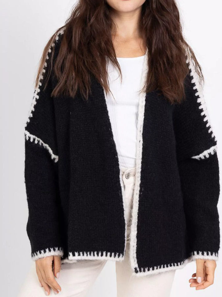 Contrast whipstitch trim open front knit cardigan