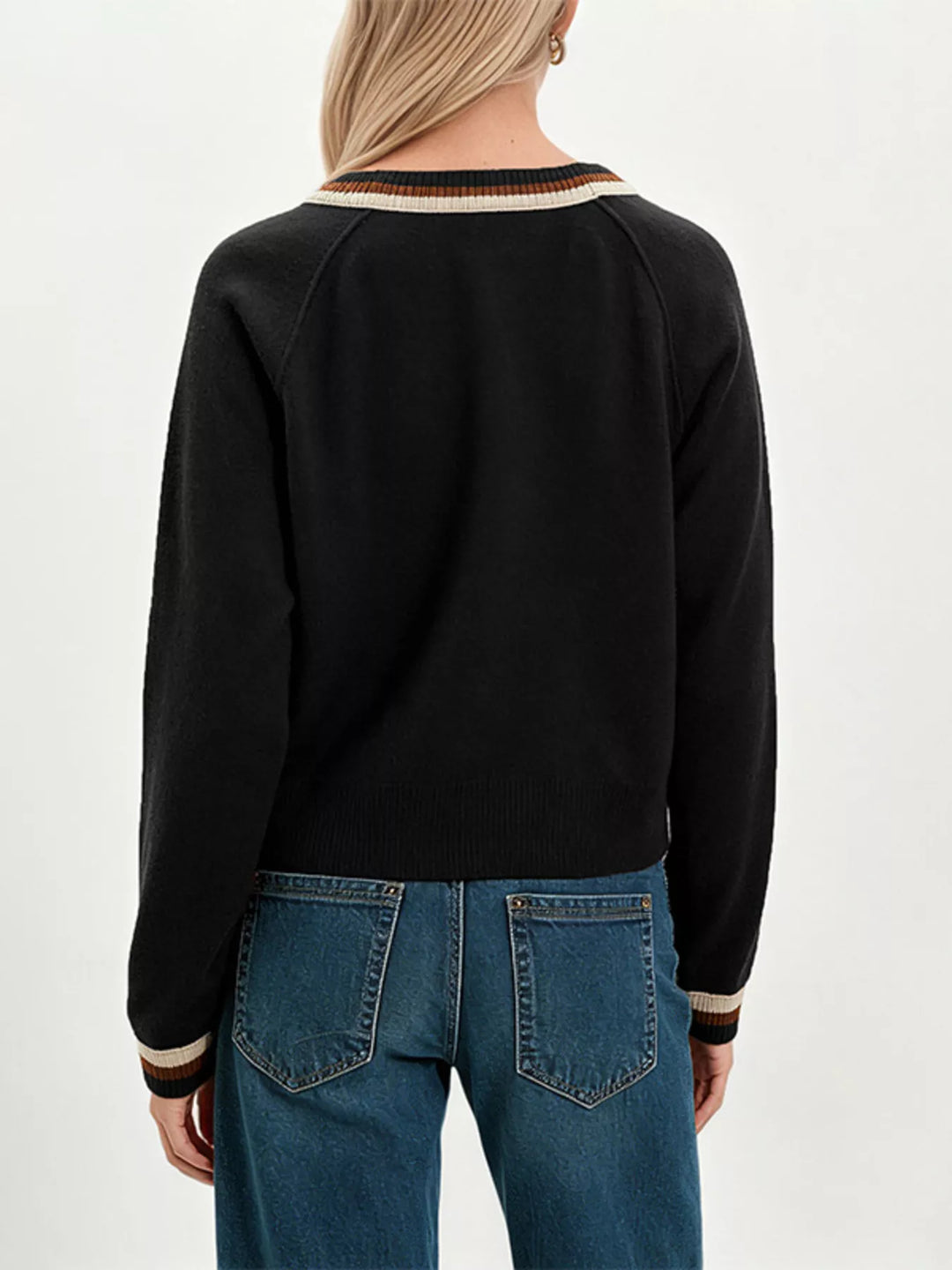 Striped trim V-neck button-down knit cardigan