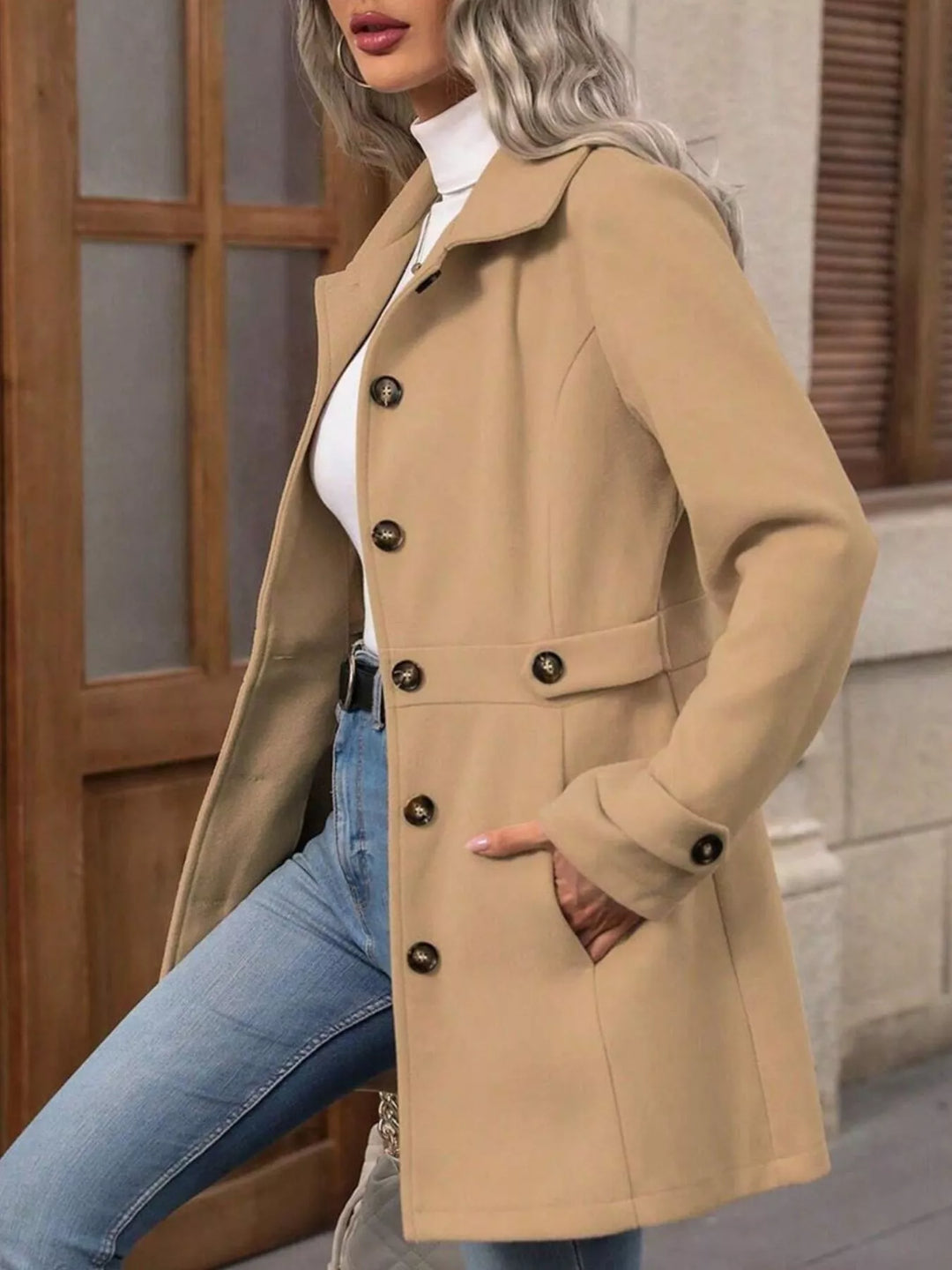 Single-breasted lapel coat with waist tabs and pockets
