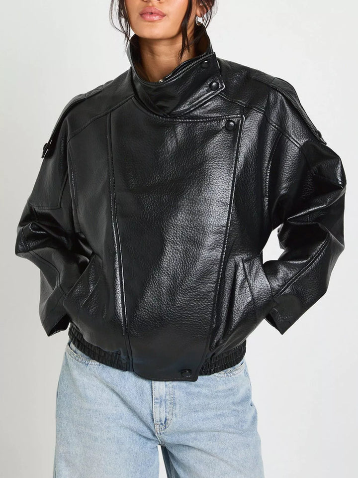 Black Oversized faux leather moto jacket with asymmetrical zip