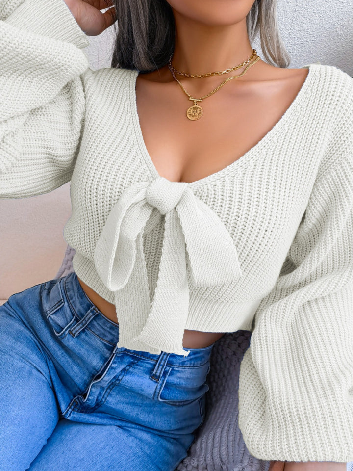 Tie-front ribbed knit cropped sweater with deep V-neck