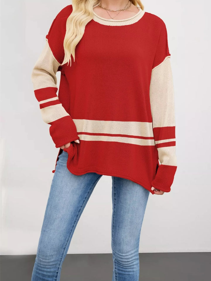 Striped colorblock drop shoulder sweater with side slits