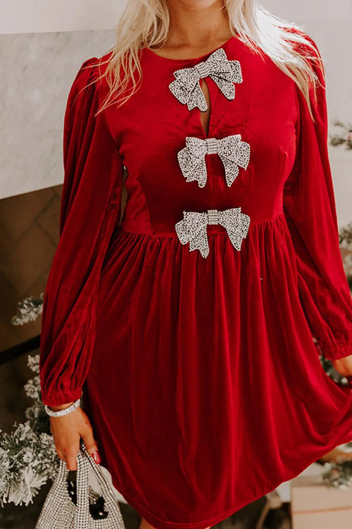 Rhinestone bow velvet mini dress with balloon sleeves