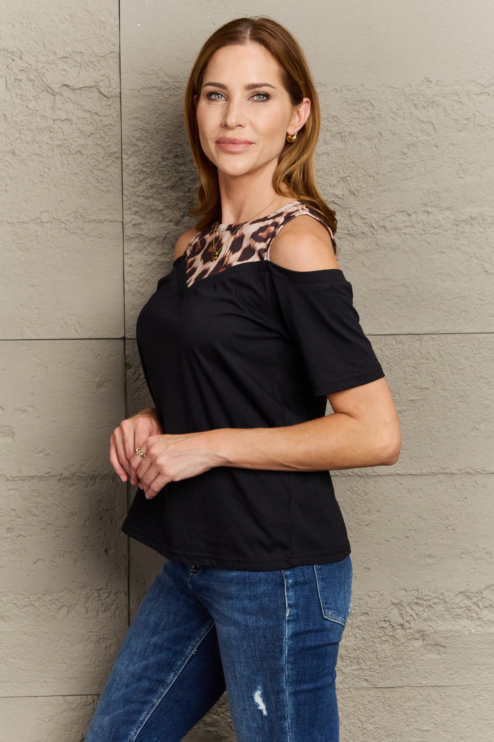 Leopard yoke cold-shoulder short sleeve blouse