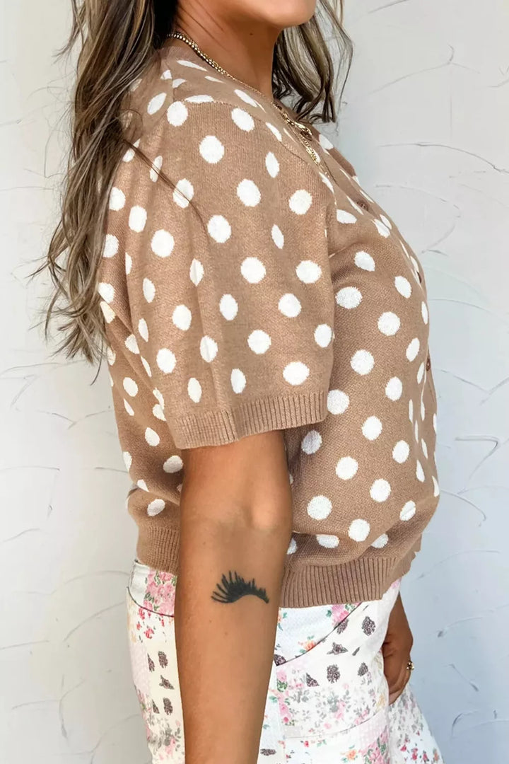 Polka dot short sleeve button-down knit cardigan
