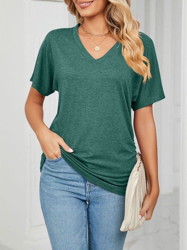 Dark Green Relaxed V-neck short sleeve tee with drop shoulders
