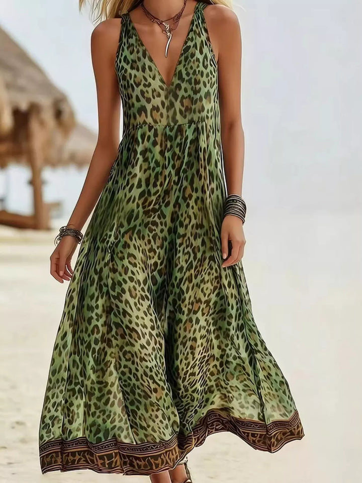 Leopard print v-neck maxi dress with border trim