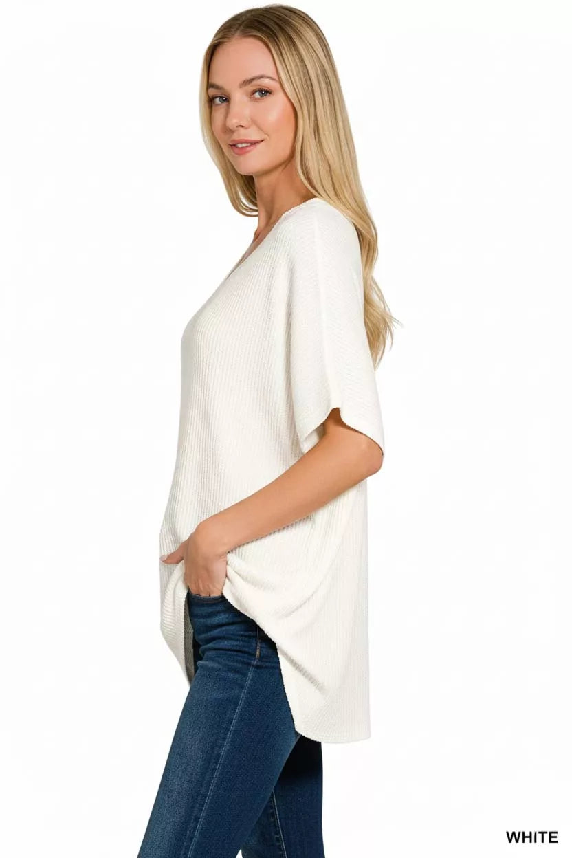 Ribbed knit V-neck batwing top with dolman sleeves