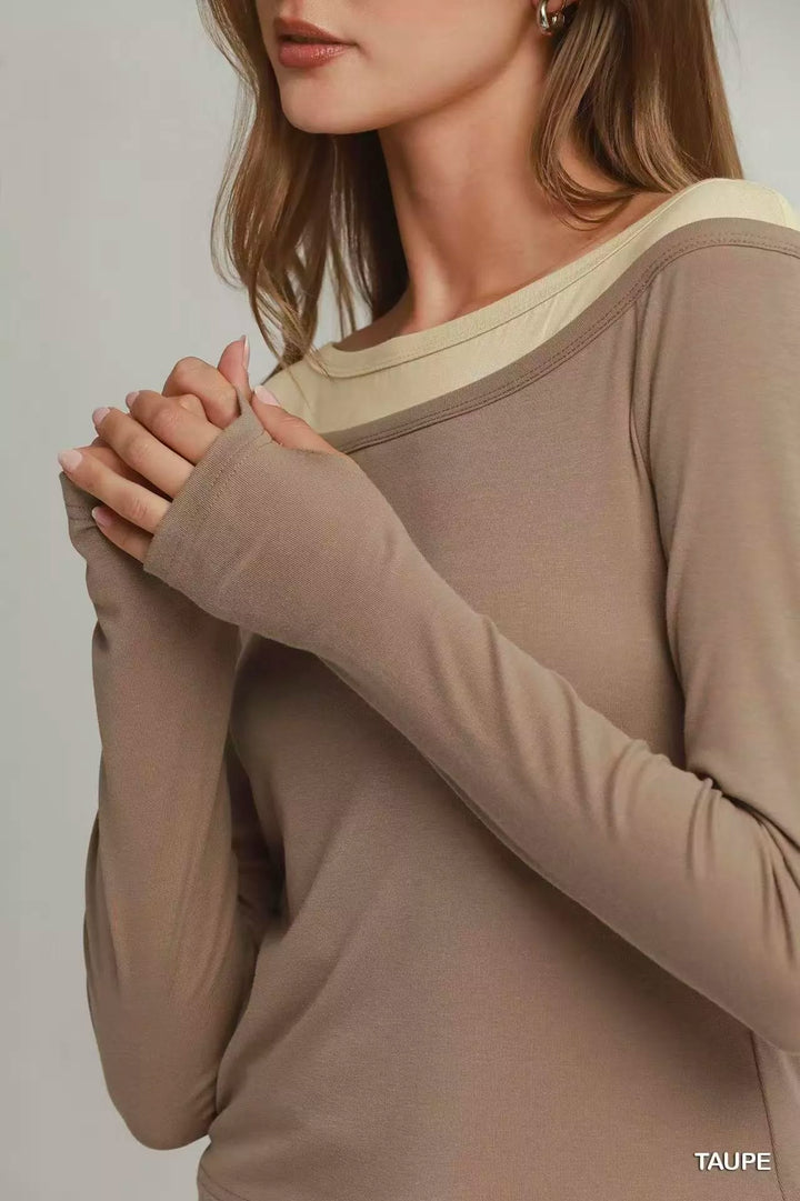 Layered twofer color-block top with thumbhole sleeves