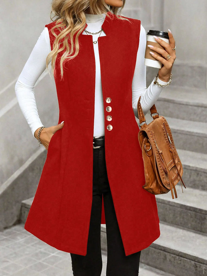 Red Longline sleeveless vest coat with button front