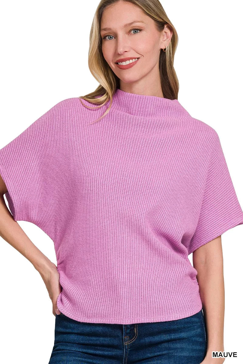 MAUVE Waffle knit mock neck short sleeve sweater with side shirring