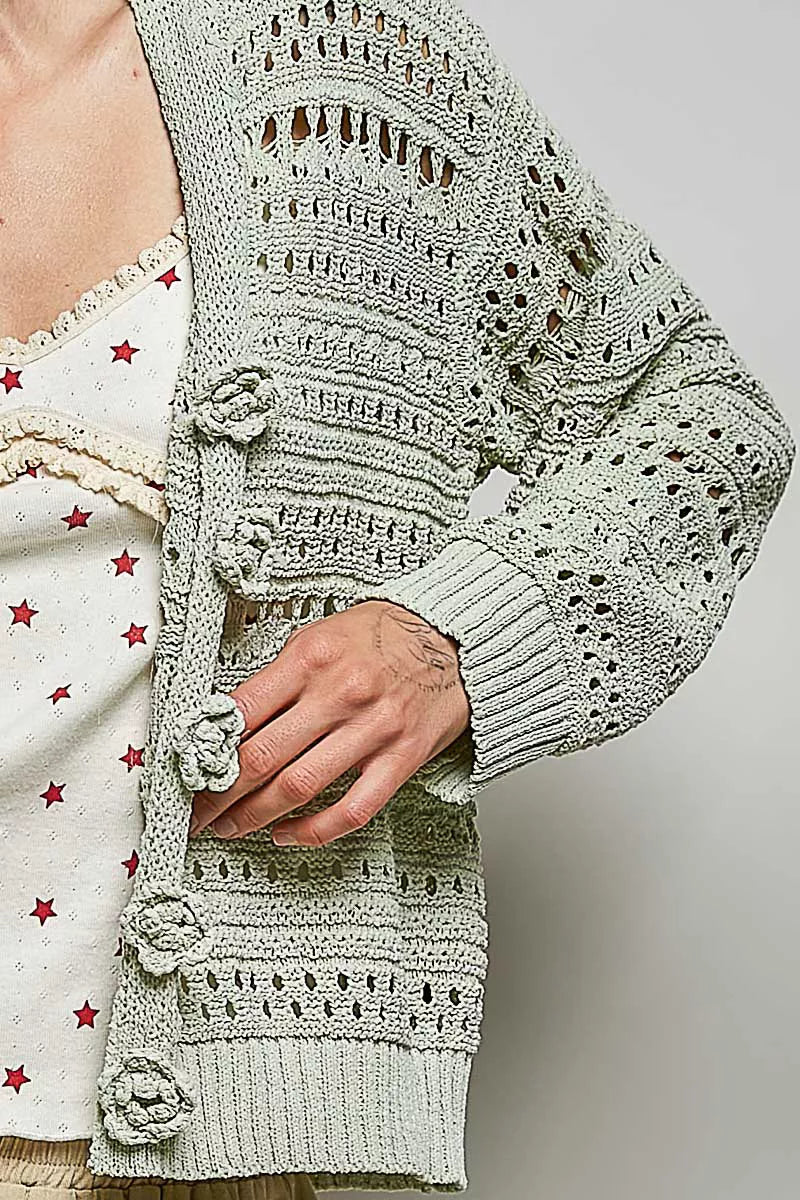 Open-knit V-neck cardigan with 3D floral buttons