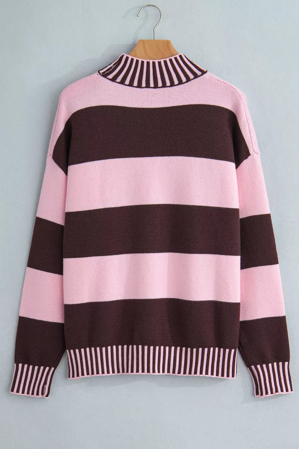 Wide stripe mock neck drop shoulder relaxed sweater