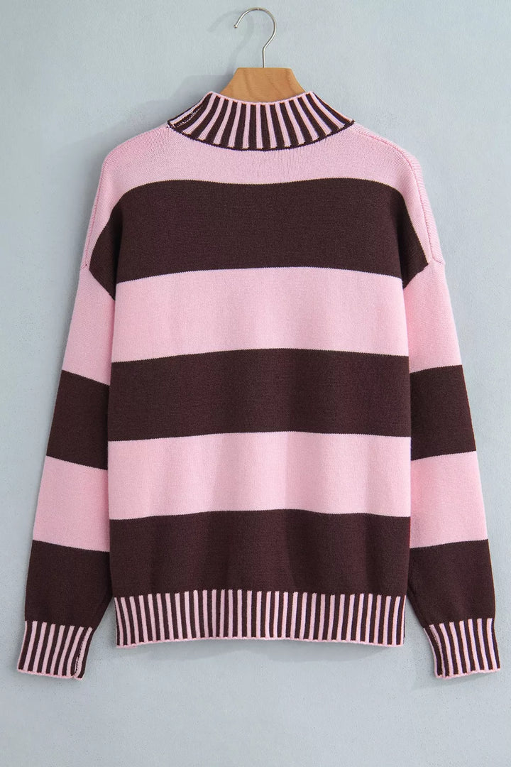 Wide stripe mock neck drop shoulder relaxed sweater