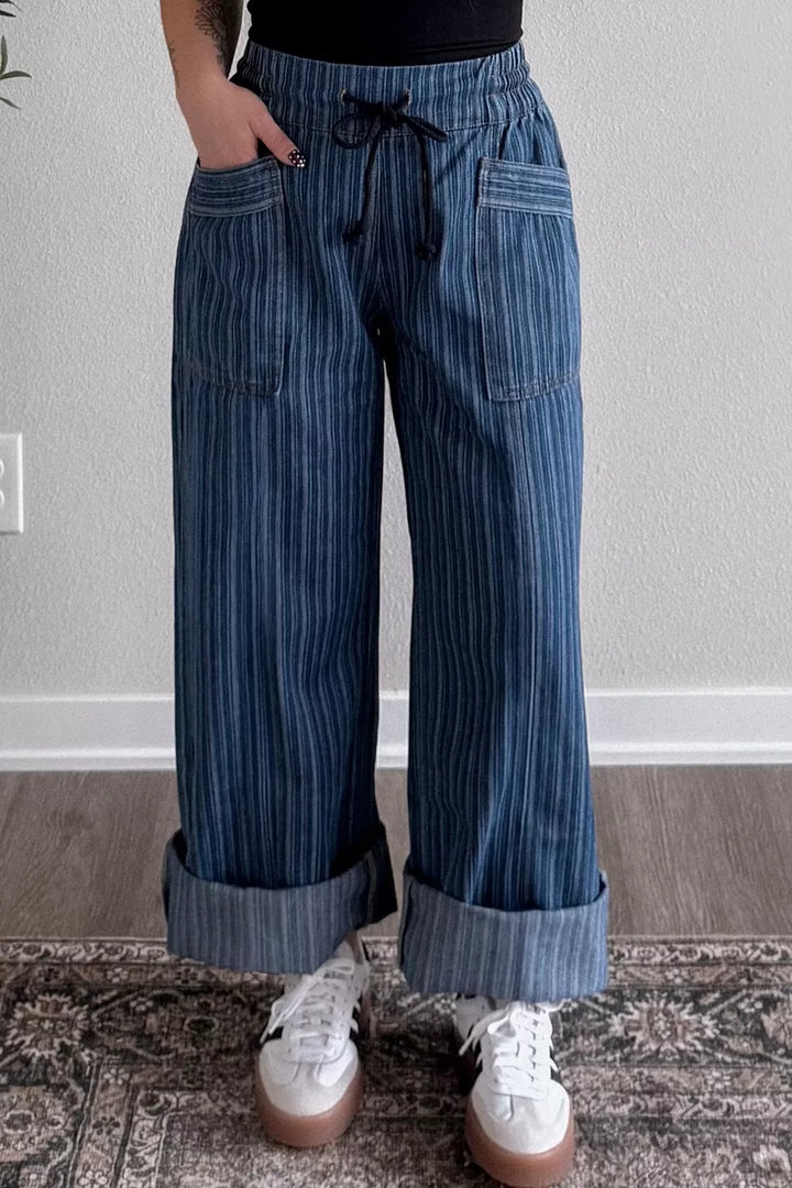 Pinstripe wide-leg drawstring denim with cuffed hem