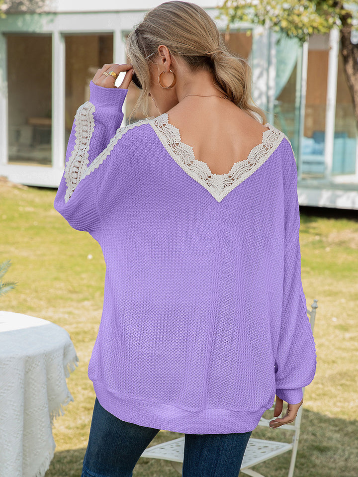 Contrast lace-trim waffle knit V-neck top