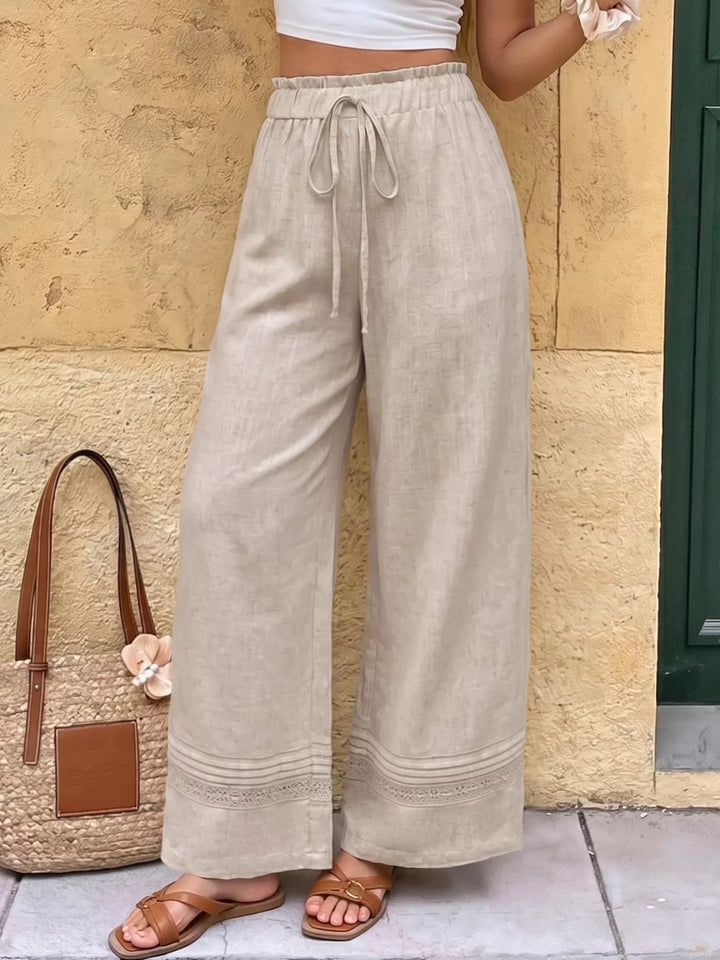 Drawstring wide-leg linen-blend pants with lace-trim hem