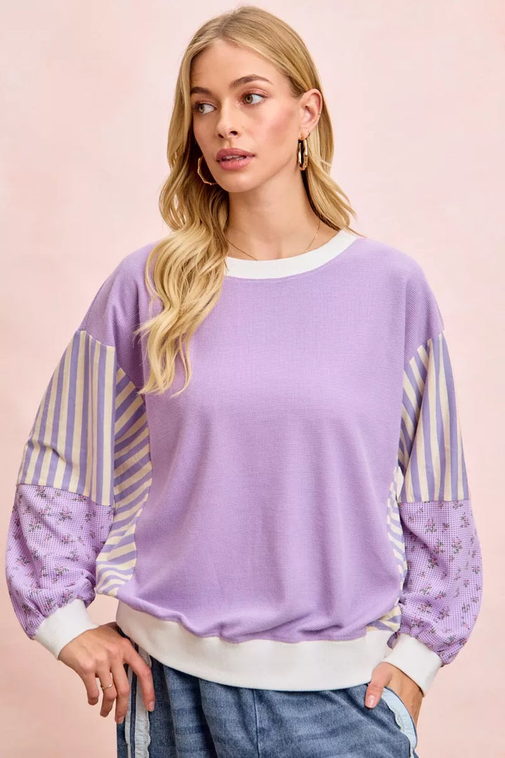 LAVENDER COMBO Mix-print waffle knit sweatshirt with striped and floral sleeves