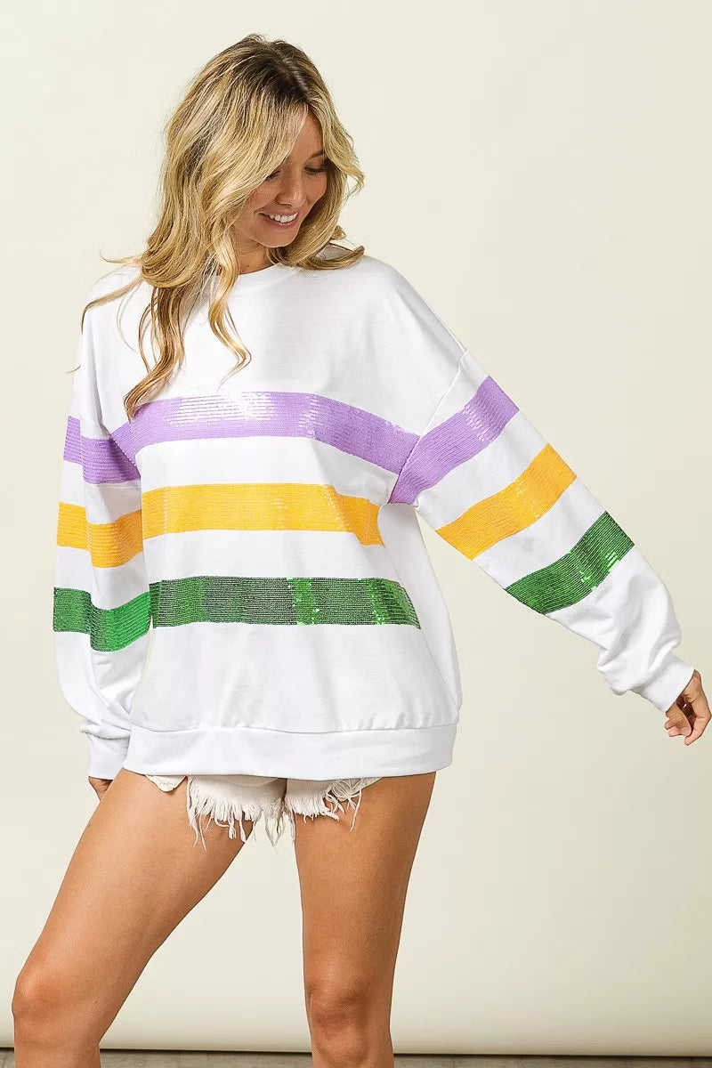 Sequin stripe Mardi Gras crewneck sweatshirt