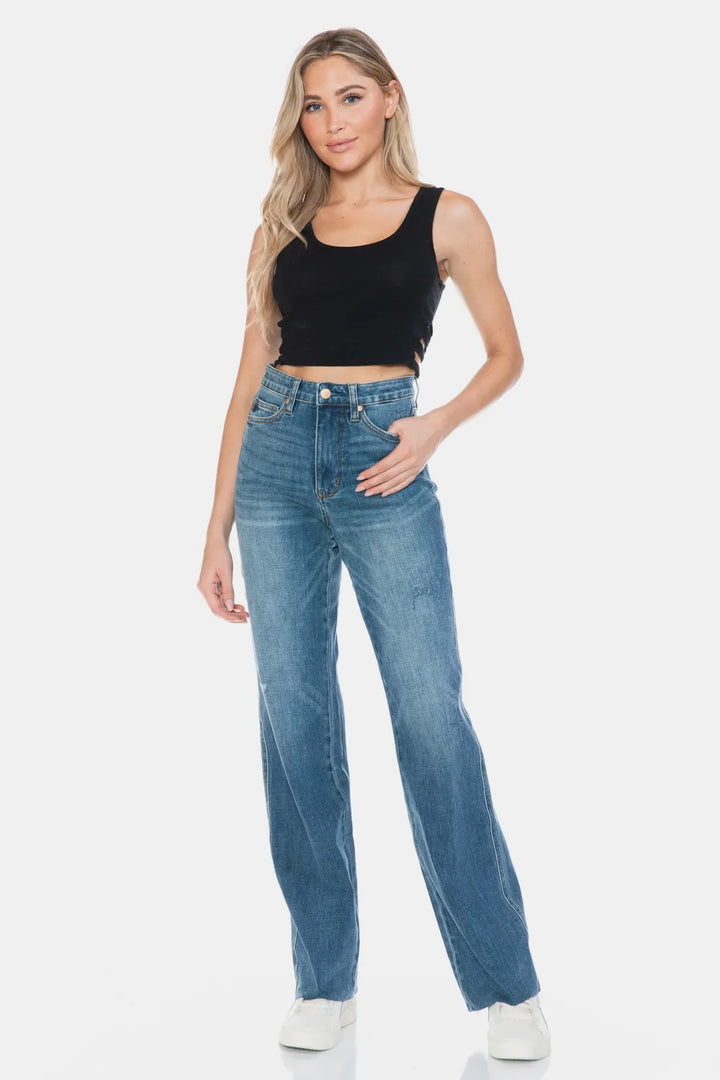 High-rise tummy control straight jeans with raw hem