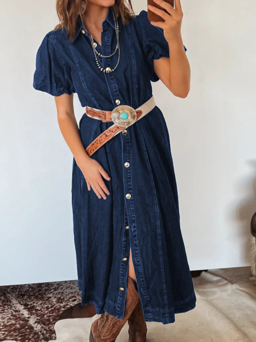 Puff sleeve button-down midi denim dress with tie belt