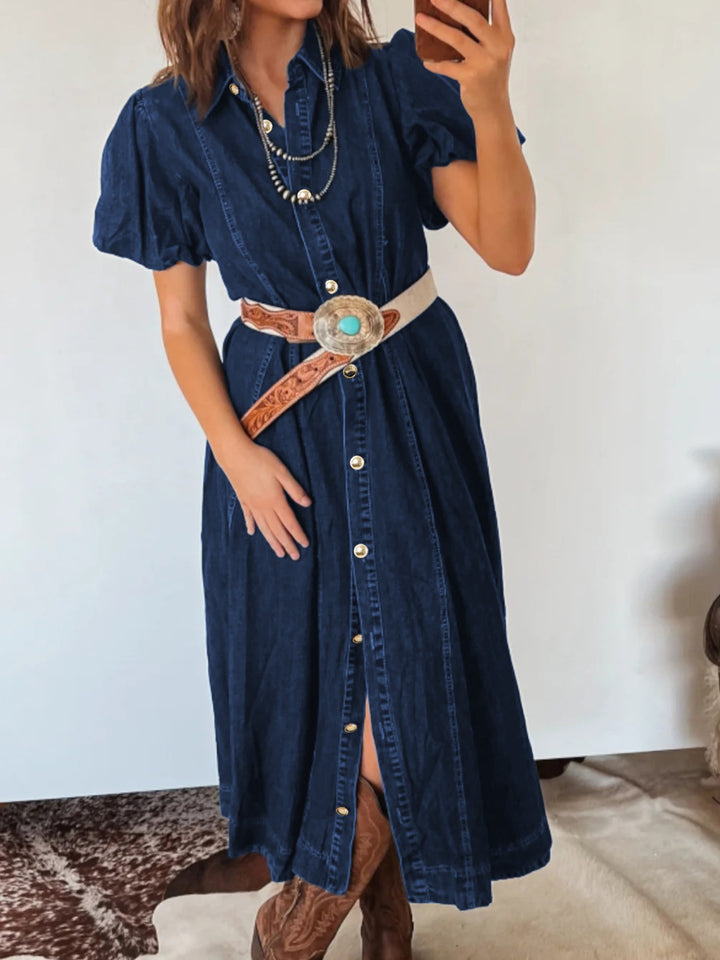 Puff sleeve button-down midi denim dress with tie belt