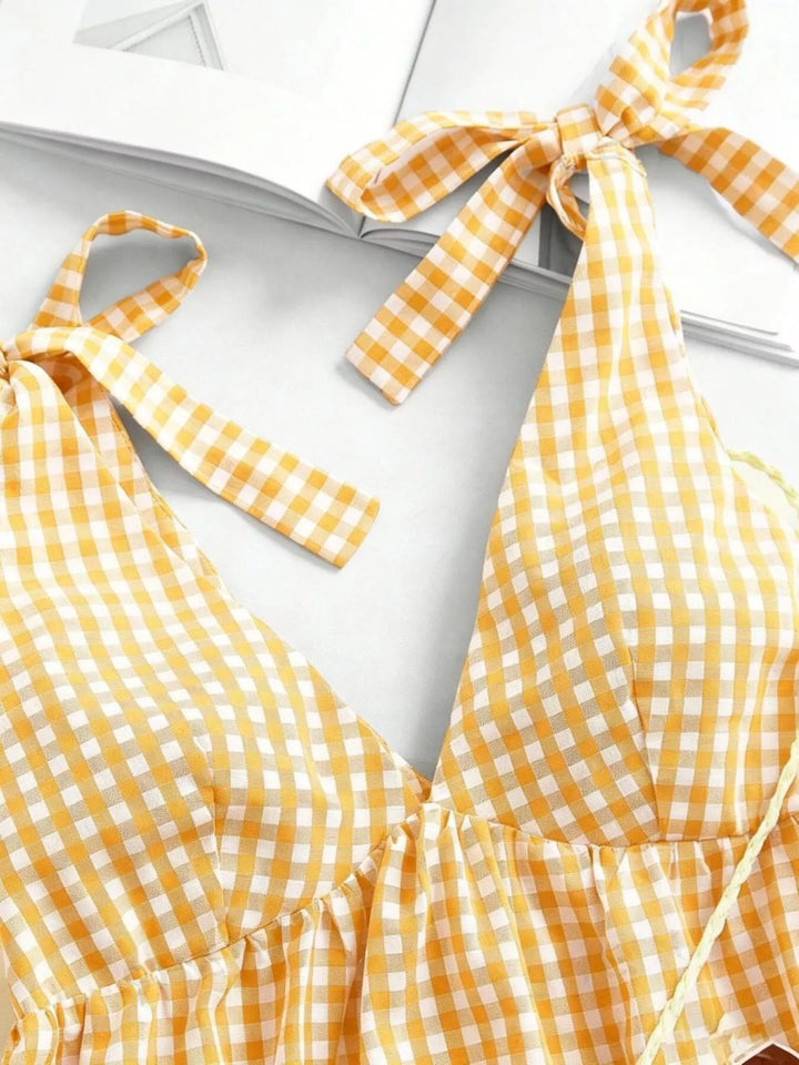 Gingham tie-shoulder babydoll mini dress